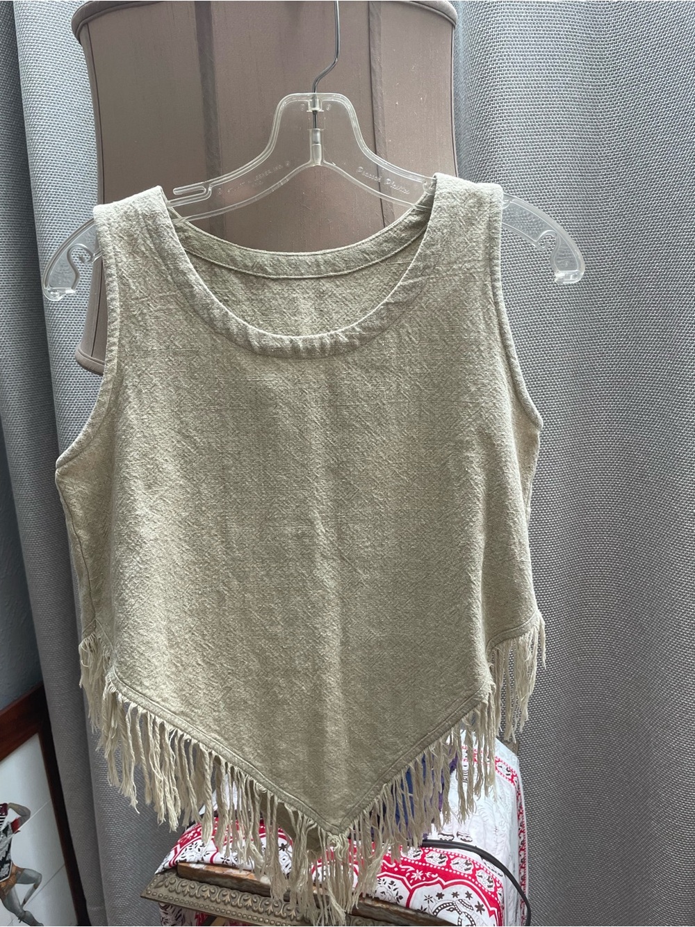 Fringed Cream Tank Top - Women’s Boho Scoopneck